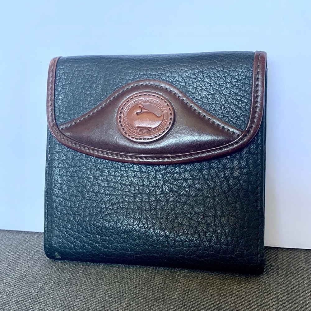 Dooney & Bourke Tri-Fold Credit Card Holder Coin Purse Navy Burnt Cedar Tan Vtg